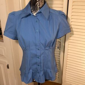 NWT Peplum Stretch Blouse with Puff Sleeves in Fantasy Blue by Apt 9 Petite